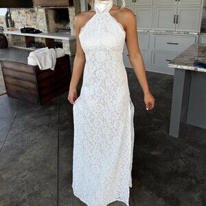 These Three Floral Lace Halter Tie Maxi Dress-White